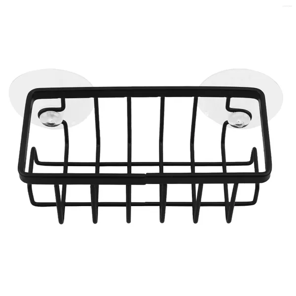 Ventosa de almacenamiento de cocina, soporte de esponja ahuecado, depurador, encimera de drenaje de acero al carbono con gancho, fregadero duradero para jabón, hogar, negro