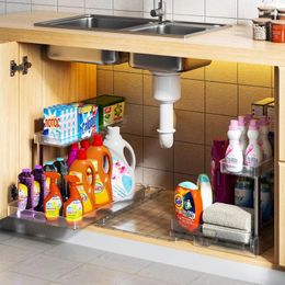 Rangement de cuisine sous l'évier, organisateur avec plateau, étagère coulissante à 2 niveaux, panier d'armoire extractible en forme de L