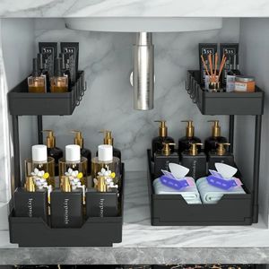 Organizadores de almacenamiento para cocina debajo del fregadero y 2 paquetes de organizador de baño de 2 niveles, gabinete en forma de L (negro)