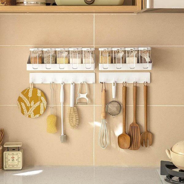 Gancho montado en la pared para almacenamiento de cocina, colgador de utensilios de cocina sin perforaciones adhesivo fuerte, estante de baño