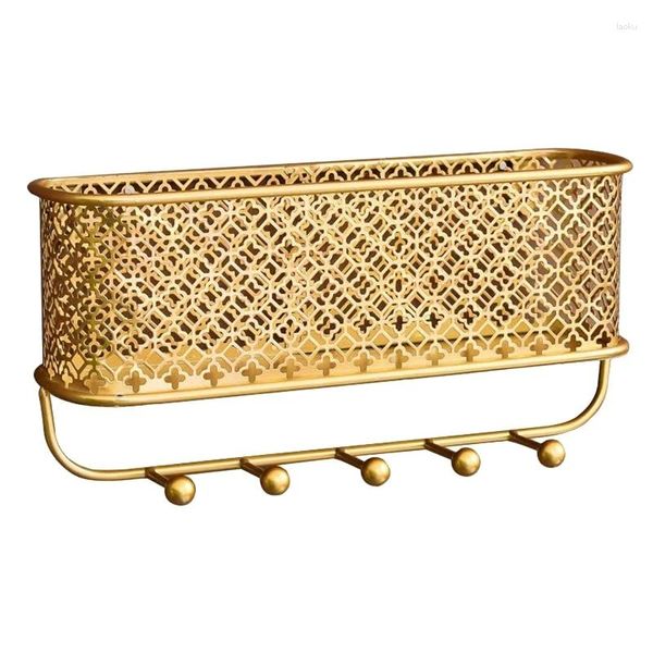 Cesta de Metal montada en la pared para almacenamiento de cocina, soporte para llaves y correo con 5 ganchos, perchero para sombrero, entrada, sala de estar y dormitorio