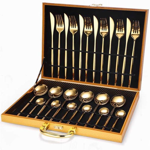 Ensemble de vaisselle de cuisine Couverts en acier inoxydable 24pcs Fourchette Cuillères Couteaux Or Vaisselle Case Eco Friendly 211112