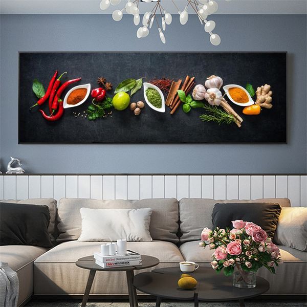 Décoration murale sur le thème de la cuisine Légumes et assaisonnements dans la table Peintures sur toile Aliments Ingrédients de cuisine Toile Art Print Decor
