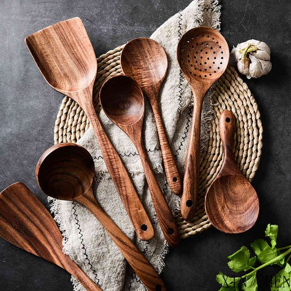 Ensemble d'outils de cuisine Thaïlande Teck Vaisselle en bois naturel Cuillère Louche Turner Long Riz Passoire Soupe Écumoire Cuillères Cuillères Scoop 210326