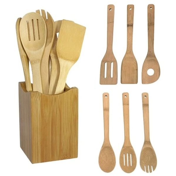 Herramientas de cocina 1/6pcs Spatula de bambú Spatula Utensil Utensil Herramienta de cocción de madera Conjunto de mezcla