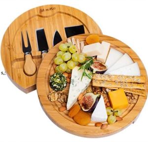 Keukengereedschap Bamboe Cheese Board en Kniften Set Round Charcuterie Boards Swivel Meat Platter Holiday Housewarming