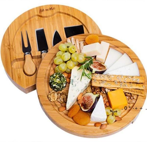 Herramientas de cocina Tabla de queso de bambú y juego de cuchillos Tablas de charcutería redondas Plato de carne giratorio Regalo de inauguración de la casa GCE13452