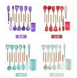 Keukengereedschap Houten Handvat Ware Siliconen 1 Set = 12 Stuk Non-Stick Pot Schop Lepel Gift Set 6 Kleuren 10 Sets