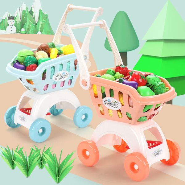 Cuisines Play Food 18Pcs Shopping Trolley Chariot Supermarket Trolley Push Car Toys Basket Mini Simulation Fruit Food Pretend Play Toy for Children 230710