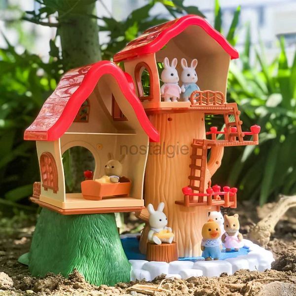 Kitchens Play Food 2022 New Forest Cabin Toys for Girls 1/12 Dollhouuse Anime Figure Set Rabbit Family Simulation Play House Toys Child Osmas Gifts 2443