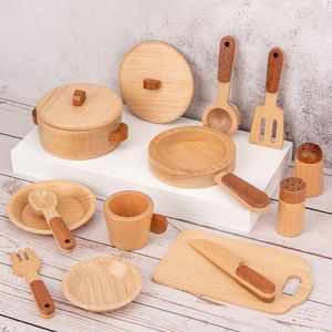 Cocinas Jugar Alimentos Niños Madera natural Color Preescolar Juguetes Frutas y verduras Simulación Jugar Casa Utensilios de cocina Cognitivos Juguetes de madera Regalos 230620