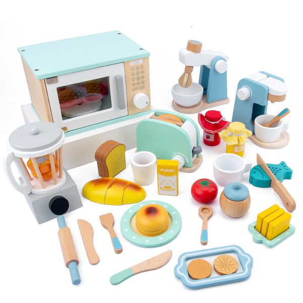 Cuisines Jouer à la nourriture Simulation en bois pour enfants Ensemble de jouets de cuisine Maison Éducation précoce Machine à pain Presse-agrumes Four à micro-ondes 221123