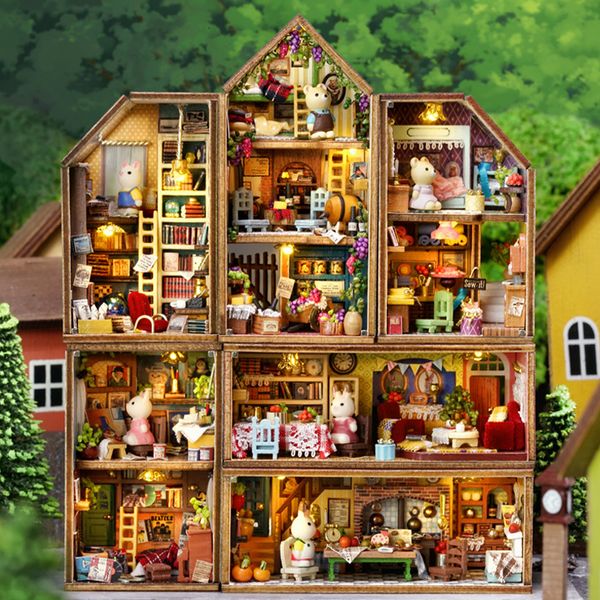 Cuisines Play Food DIY Mini Rabbit Town Casa Maisons de poupée en bois Kits de construction miniatures avec meubles Dollhouse Jouets pour filles Cadeaux d'anniversaire 230726
