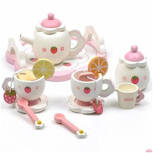 Kitchens Play Food Girls Toys Simate Wooden Kitchen Pink Tea Set Set House Educational Touts Toys Baby Early Education Puzzle Table Varelle DHRMQ