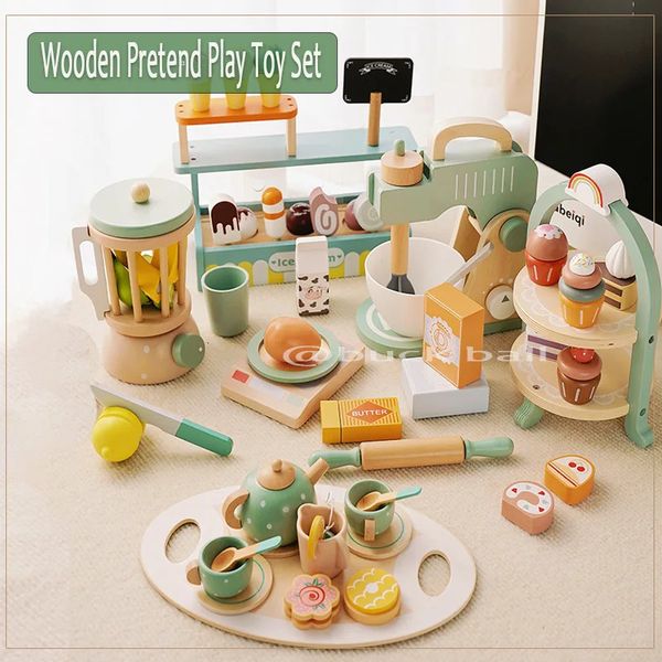 Keukens Speelvoedsel Houten speelgoed voor kinderen Simulatie Keukenspeelgoed Doe alsof Afternoon Tea Dessert Koffiemachine Mixer Juicer IJs Cadeau voor kinderen 231213