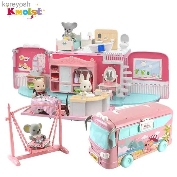 Cuisines Jouer à la nourriture Koala Tour Bus Maison de poupée Artisanat créatif Miniature Animal Mini Lapin Ours Jouer Maison Poupées Ensemble Villa Meubles Jouets Filles CadeauxL231104