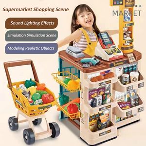 Keukens spelen voedsel grote simulatie supermarkt multi -functie winkelpak mini kar kassa kassa kinderen doen alsof speelgoed cadeau 230520