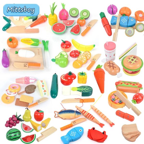 Cocinas Play Food Montessori Corte de madera Juguetes Fruits Vegetales Mariscos Care Desayuno Caño Conjunto de niños Juguetes Playhouse Toys 231019