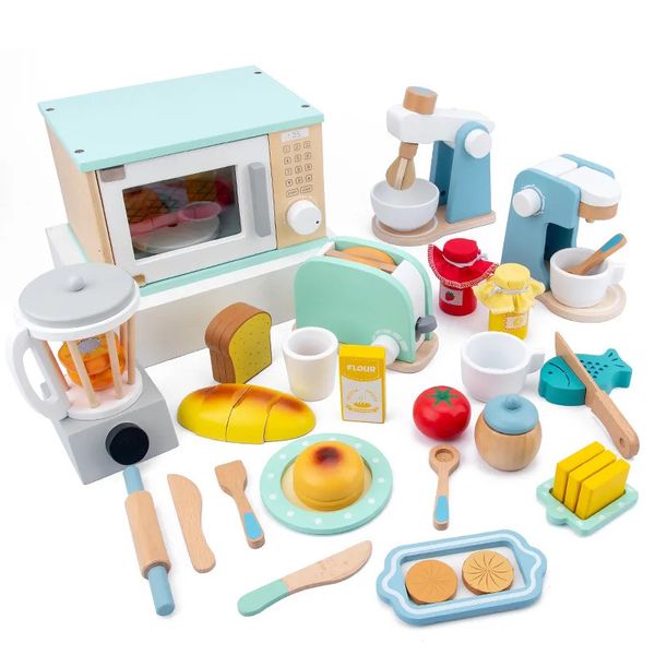 Kitchens Play Food QWZ Ensemble de jouets de cuisine de simulation en bois, maison de jeu, jouet d'éducation précoce, machine à pain, four à micro-ondes, cadeau de Noël pour enfants 231019