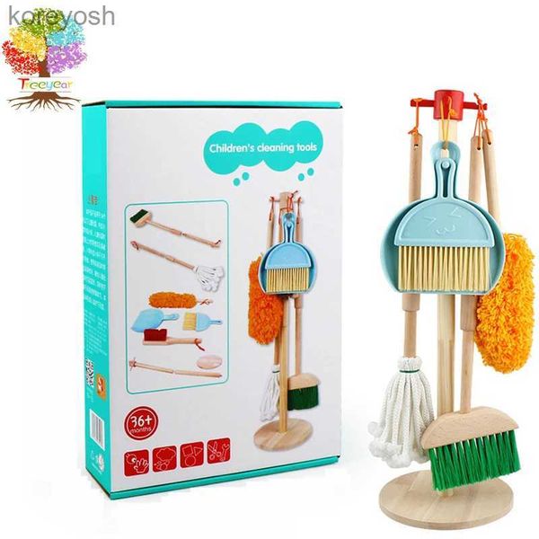 Cocinas Juego de comida Juego de limpieza de juguetes desmontable de madera Juguetes de limpieza para niños 6 piezas - Soporte colgante Juego Herramientas de limpieza de cocina para regalo para niños L231104