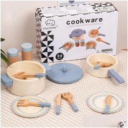 Cuisines Jouer à la nourriture Jouet en bois Cuisine Ustensiles de cuisine Pot Pan Cook Faire semblant de mini maison éducative Jouets pour enfants Ustensiles de simulation Gir Otqpv