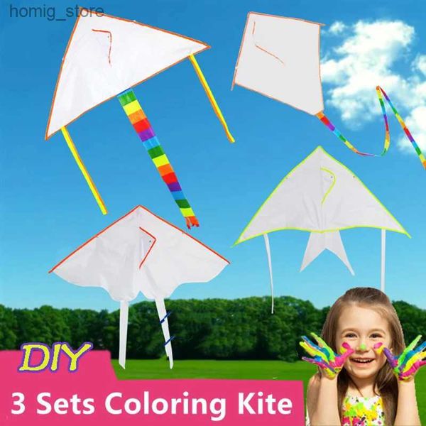 Accesorios de cometas 3sets kite para colorear de bricolaje fácil de volar cometas de cola larga en blanco kite en blanco kite pintados a mano con línea giratoria de 50 m y240416