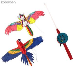 Accesorios para cometas Águila de dibujos animados Cometa plegable para niños Mini juguetes de plástico Cometa + 40 cm Freno de mano Caña de pescar Juguetes para niños Juguete al aire libre L231118