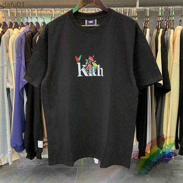 Kith Noir Blanc Abricot T Shirt Hommes Femmes Fleur Oiseau Imprimé T-Shirt Lâche À Manches Courtes Avec Étiquette L230520