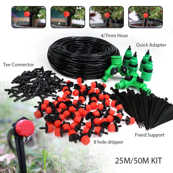 Kits 25 / 50m Jardin automatique Irrigation Système d'arrosage Légumes Fleurs Kit d'égouttement Buse réglable 1/4 '' Adaptateur de couplage de tuyau en PVC