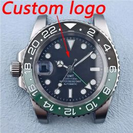 Kits 40 mm couronne gauche GMT Étui de montre imperméable ajusté 9 heures NH34 Mouvement 316L en acier inoxydable saphir en verre bleu numérique