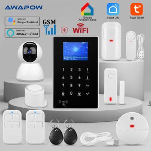 Kits Awapow Tuya Smart WiFi GSM Beveiligingsalarmsysteem Inbreker Motion Detector Smoke Door Window Sensor IP Cam Wireless Alarm System