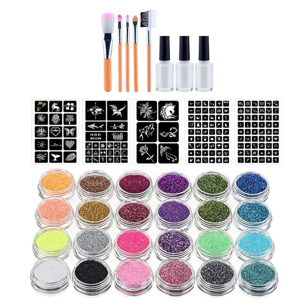 Kits de tatouage à paillettes diamant, Kit de tatouage temporaire, 24 modèles de couleurs à paillettes, peinture artistique pour ongles, maquillage de fête