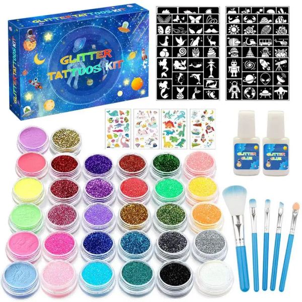 Kits Diamant Glitter Tattoo Set Tatouage Temporaire Enfants Arts Et Artisanat Tatouages ​​pour Enfants Avec 2 Colle 5 Brosses Kit De Tatouage Glitter Pour La Fête