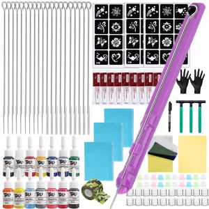 Kits DIY 3D Kit de tatuaje de mano y palo con 12 agujas de pigmento de tinta de color conjunto para principiantes de tatuaje de palo de mano de arte corporal