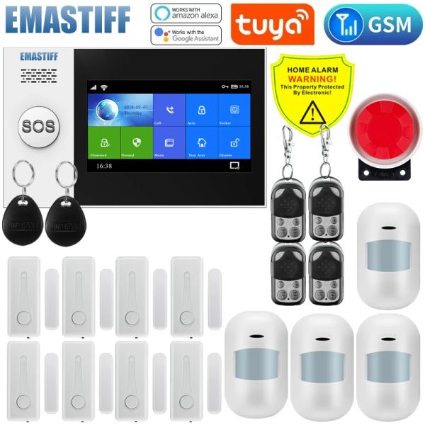 Kits Emastiff Tuya WiFi GSM Home Security Alarm System Kit d'alarme de cambrioleur sans fil avec capteur de mouvement Travail avec Alexa Google