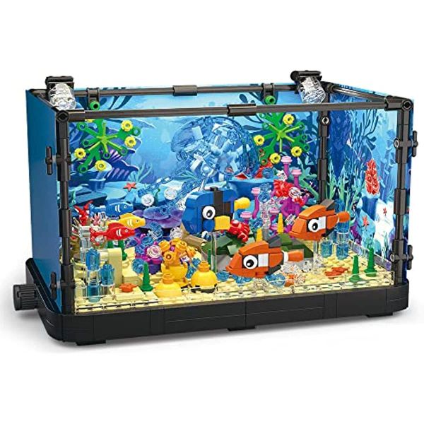 Kits toys de construction de poissons de pêche en jeu avec aquarium léger des méduses marines construites en briques jouet pour les enfants 6 ans et plus