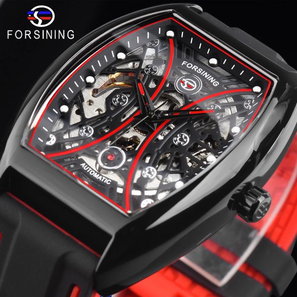 Kits Forsiner Skeleton Self Winding Black Red Wristwatch Mécanique Mécanique Rectangle Man Automatic Watchs Male Clock