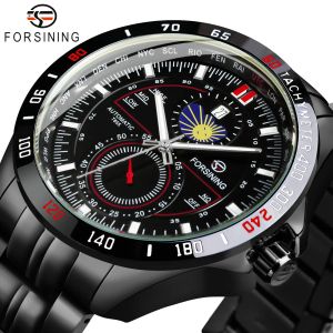 Kits Forsing Sport Mens Regarder Black Military Automatic Mechanical Watchs Moon Phase Date Window Steel Strap étanche lumineux