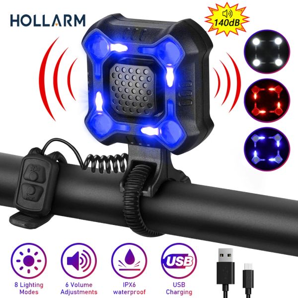 Kits holmarm bicycle corne d'alarme d'alarme ipx6 imperméable charge usb nuit à vélo fort léger de vélo 140db alarme de sécurité cloche de vélo