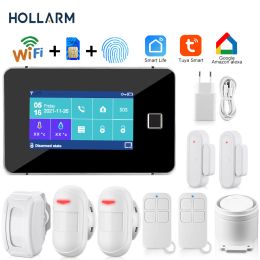 Kits Hollarm Tuya WiFi Alarm System GSM Smart Home Security Alarm draadloze sensor Touchscreen Vingerafdruk Alarmkit Werkt met Alexa