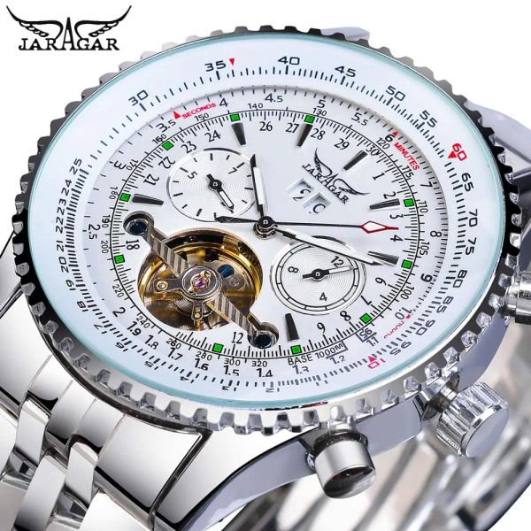 Kits Jaragar Classic Tourbillon Men Mechanical Watch White Automatic Calendar Big Dial Band de acero inoxidable Piloto de pulsera Militar