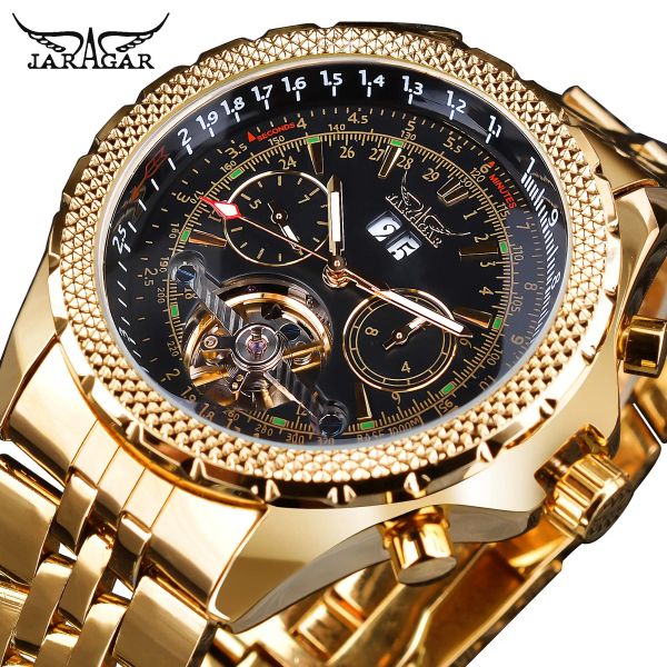 Kits jaragar para hombre reloj mecánico dorado tourbillon date negocio moda de la banda de acero de acero relojes automáticos relogio