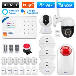 Kits kerui w181 wifi gsm alarm smart home kit alarmy système tuya smart support alexa avec détecteur de capteur de mouvement sirène solaire extérieur