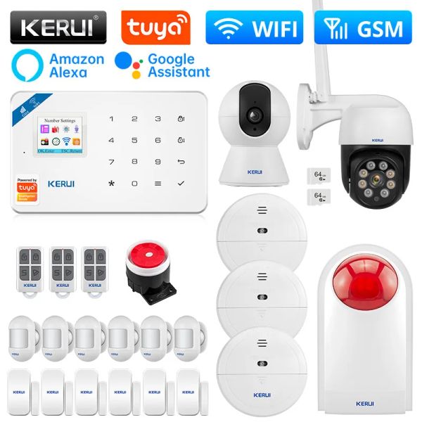 Kits kerui w181 wifi gsm alarm smart home kit alarmy système tuya smart support alexa avec détecteur de capteur de mouvement sirène solaire extérieur