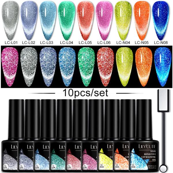 LILYCUTE 10 UNIDS / SET Esmalte de Uñas de Gel Gel Magnético Reflectante Luminoso con Palo Magnético Brilla en la Oscuridad Nail Art UV Gel kit