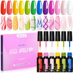 Kits Lilycute 12 stcs 5 ml voering gel nail art polish 2in1 ultrafijne borstelkop Franse lijn graffiti schilderij streep ontwerppar vernis