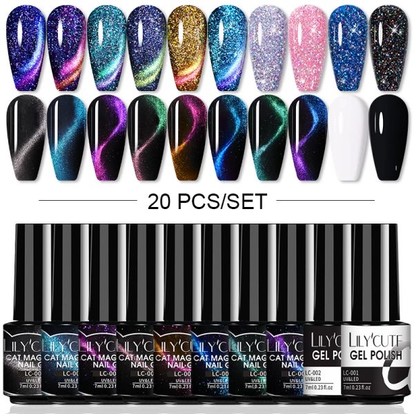 Kits lilycute 20pcs/set 9d gato fluorescente reflectante gel magnético set de esmalte de uñas remojo en el kit de gel de uñas de huevo de neón