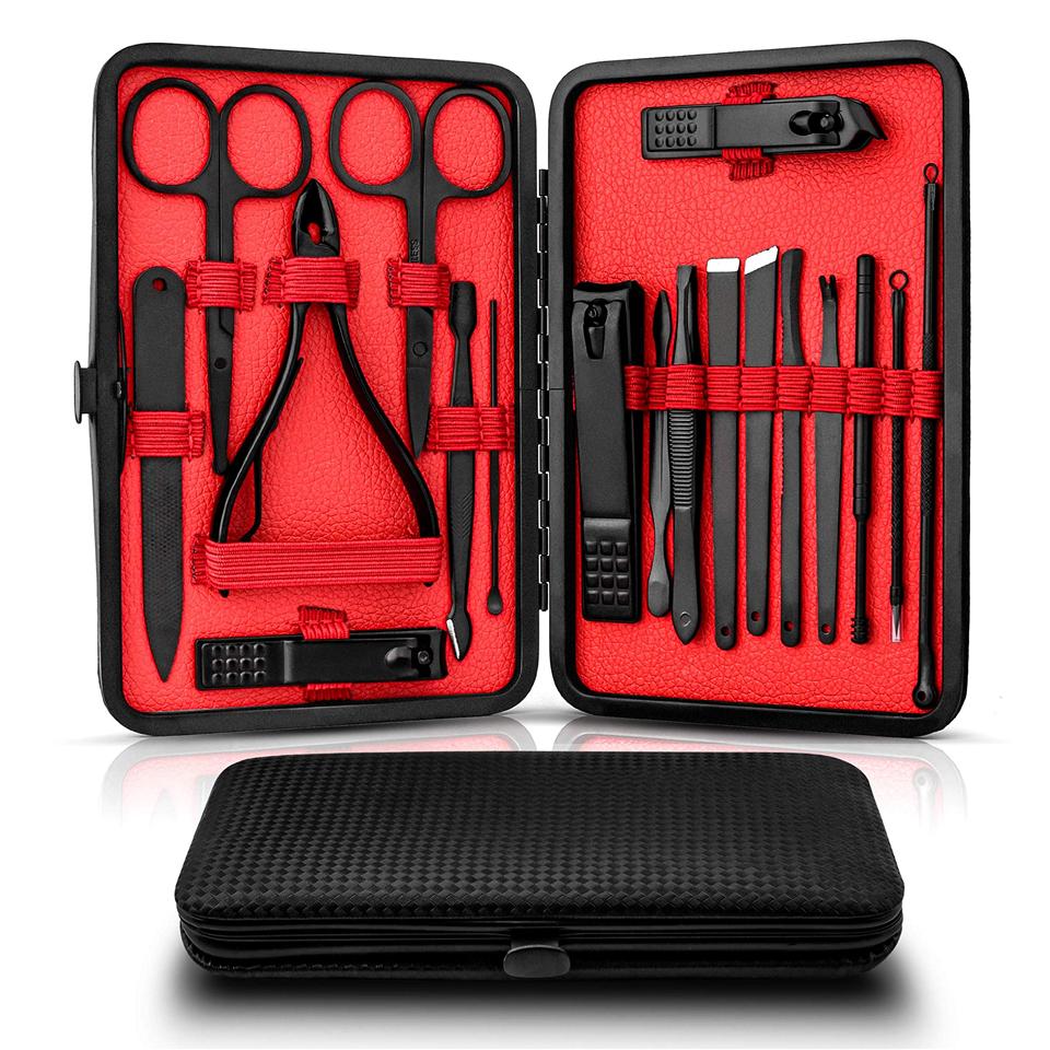 Kits Manicure Set 18 PCS Nail Clippers Kit Rostfritt stål Pedikyrverktyg Professionella Grooming Kits Nagelvårdsverktyg för resor