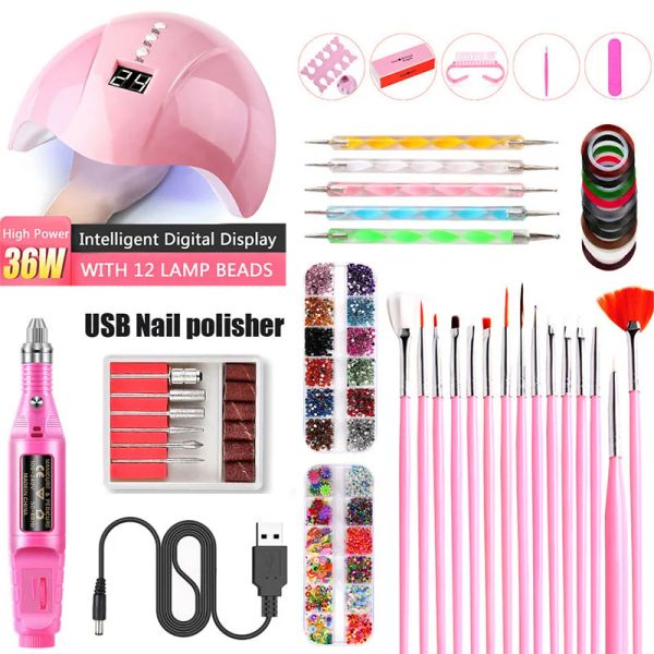 Kits Manucure Ensemble pour clou avec 36W UV LED Sécheur LAMPE ÉLECTRIQUE Machine à ongles Machine à ongles Tools Sticker Paint Paint Pen Brusser Nail Brush