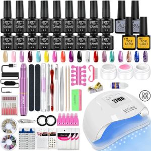 Kits Manicure Set Varnish Nail Kit met LED -nagellampdroger UV -gel nagellakkit Nail Art Tools Set Top Base Nail Boor Machine Set